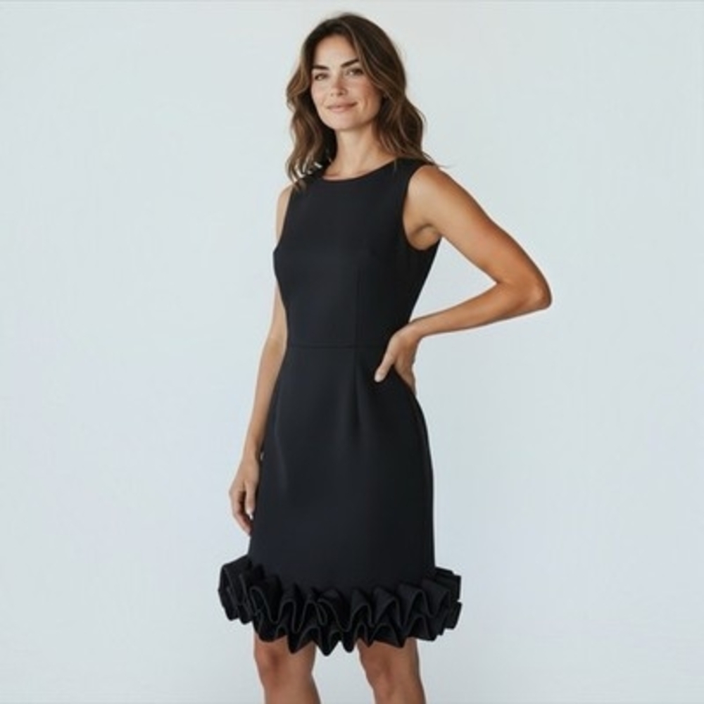 Donna Ricco New York Black Sheath Dress Scoop Neck Ruffle Hem Size 6 EXC